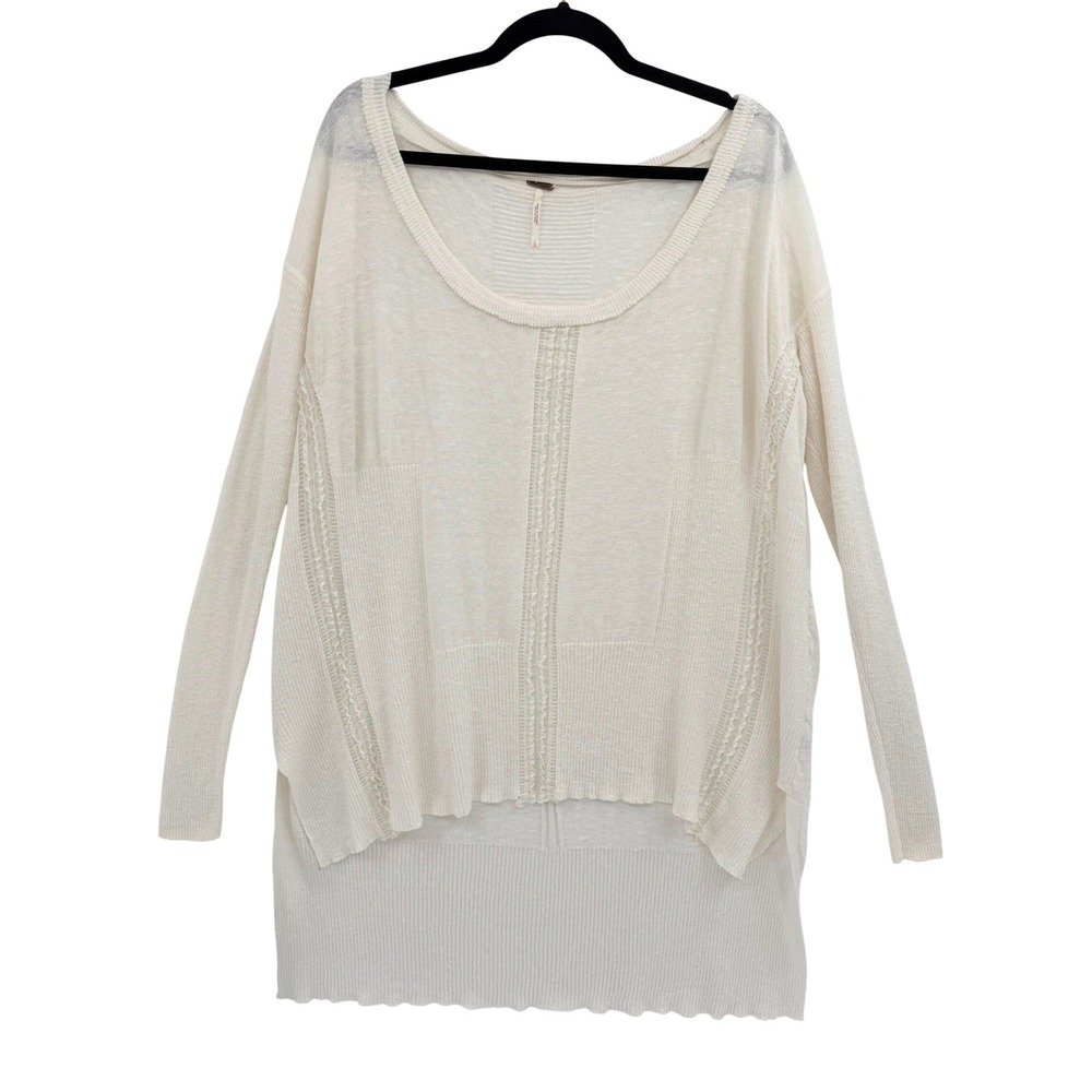 Free People Tunic Top White Large Long Sleeve Scoop Neck Slouchy Linen Cotton